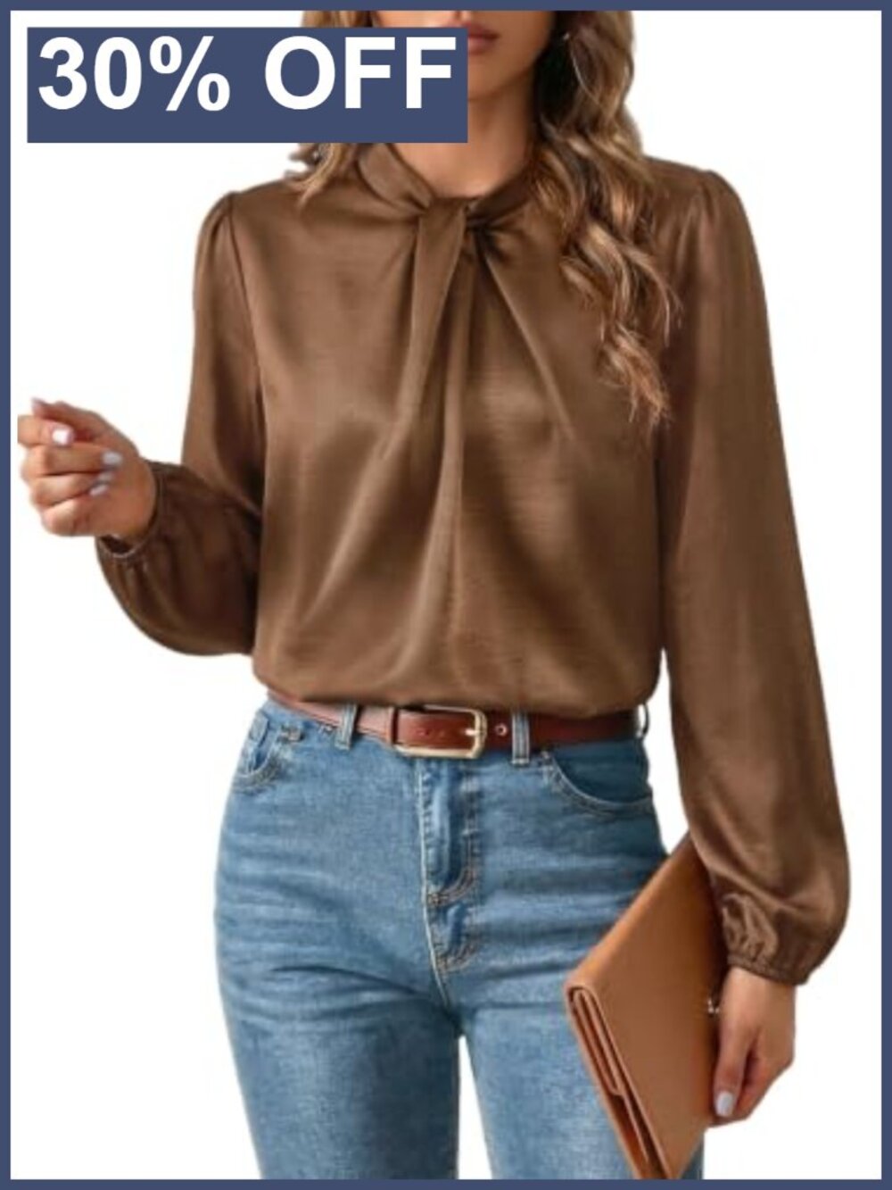 Womens Satin Blouse Mock Neck Twisted Knot Business Casual Long Sleeve Top